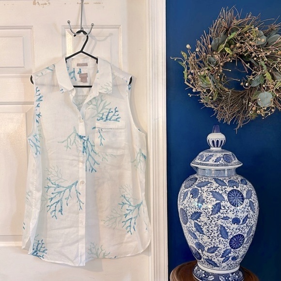 NWOT Women’s Chico’s 100% Linen Coral Print Sleeveless Button-Down Tunic 16/18 - Picture 3 of 11